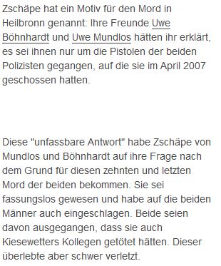 Hofberichterstattung bei T-online. Es gibt keinerlei beweise, dass Uwe Böhnhardt und Uwe Mundlos überhaupt in Heilbronn waren.