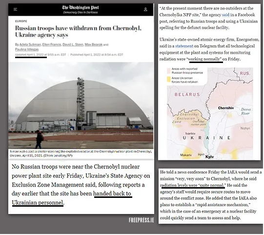 Link zur Washington Post Story vom 1. April 2022, aus der hervorgeht, dass die Russen das Gebiet schon lange verlassen hatten und die Strahlungswerte normal waren
